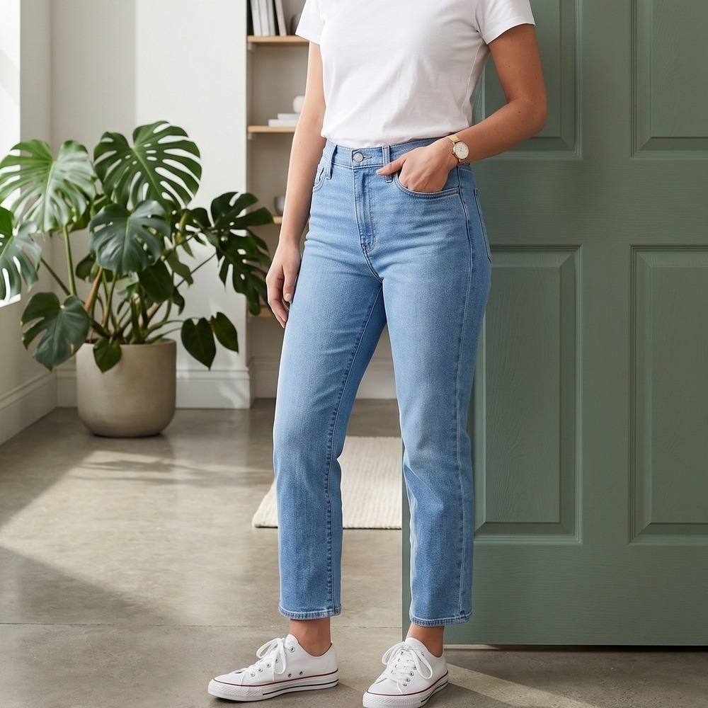 Levi's 724 High Rise Straight Crop Jeans Women 29‎ Blue Distressed Hem Casual